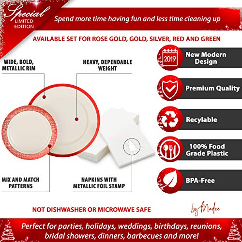 Premium Disposable Christmas Plate Set 175 Pcs | Ivory Plastic Plates with Red Trim, Plastic Silverware and Linen-Feel Christmas Dinner Napkins for 25 Guests Heavyweight - By Madee - Thumbnail 5
