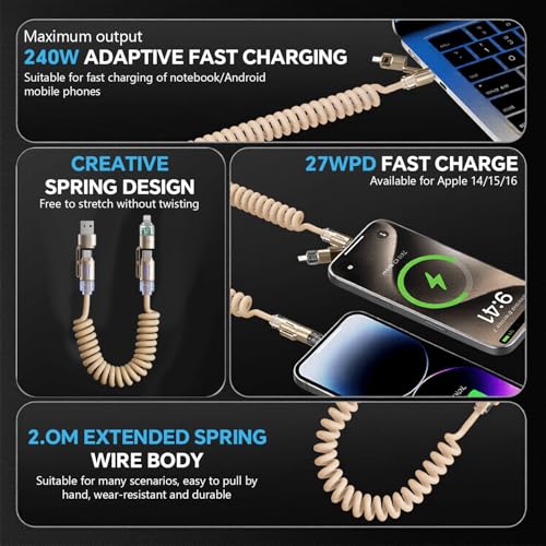 Image of Verilux 4-in-1 USB to Type C Cable for iPhone 17 /16 /15 /14, PD 240W Type C Cable Fast Charging with 480Mbps Data Transfer, Fashion Retractable Lighting Cable Design for Home, Car, Travel, Office, Gold
