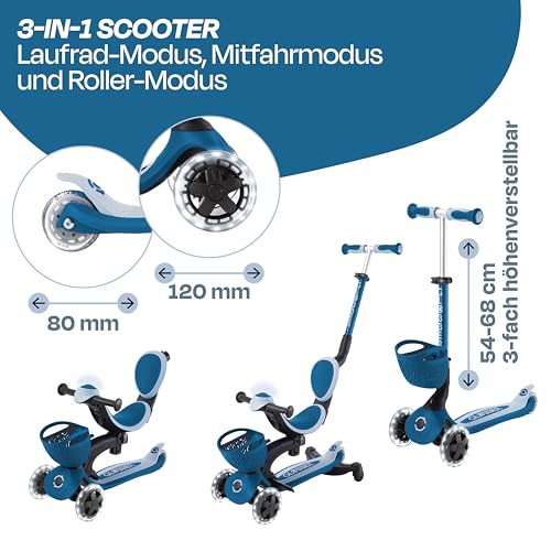 GLOBBER GO-UP Baby Lights 360&deg; - Tretroller, Dreirad und Laufrad f&uuml;r Kinder - h&ouml;henverstellbares Kinderfahrzeug - 3r&auml;drig bis 9 Jahre - Bunte LED-Leuchtrollen - Petrol-hellblau