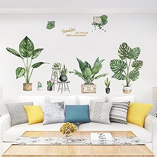 Green Plants Wall Stickers, Green Tropical Leaf Cactus Flower Removable Waterproof PVC Murals Paper, DIY Wall Art Decor Home Decorations for Living Room Bedroom, 130x 58cm