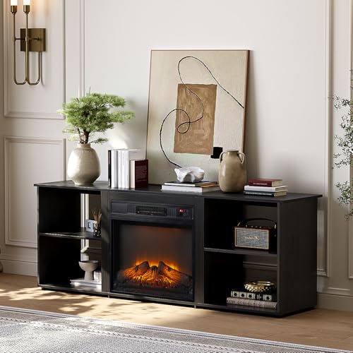 VINGLI Fireplace TV Stand for up to 70 inch TVs, Modern Entertainment Center with Electric Fireplace Heater & Two Open Adjustable Shelves, Fireplace Media Console Table for Living Room, Black