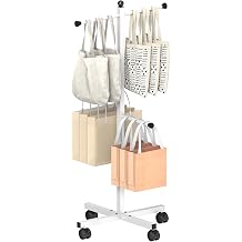 43-49 Inch Adjustable Shopping Bag Rack with Wheel, Heavy Duty Metal T-shaped Grocery Bag Holder for Retail Stores, Large Bag Display Stand for Malls,Vendor,Boutique,Trade Show, 4 Arms,White