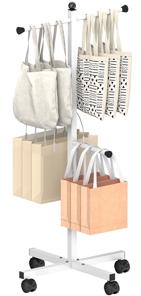 Ansionsol 43-49 Inch Adjustable Shopping Bag Rack with Wheel, Heavy Duty Metal T-shaped Grocery Bag Holder for Retail Stores, Large Bag Display Stand for Malls,Vendor,Boutique,Trade Show, 4 Arms,White by Ansionsol - Used condition - US$33.59