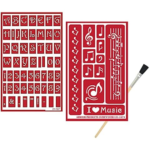 2 Armour Etch Over N Over Reusable Glass Etching Stencils - Music Note and Letter Themed Stencil | Musical Notes, Alphabet, Numbers Theme Design | Set Includes Brush Cover
