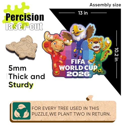 Image of FIFA World Cup 2026 Mascots Wooden Puzzles - 5MM Thick Officially Licensed Poster Puzzles - Premium World Cup 2026 Merchandise, Gift for Football Fan, Jigsaw Puzzle for Adult (TIME to Shine, 200Pcs) | Wooden Jigsaw Puzzle