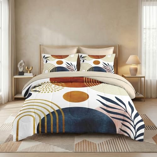 WeCozy 7 Pcs Queen Size Comforter Set with 2 Pillowcases & 2 Shams, Mid Century Bedding for Adults, Sun Boho Geometric Rainbow Bed in a Bag with Flat Fitted Sheet