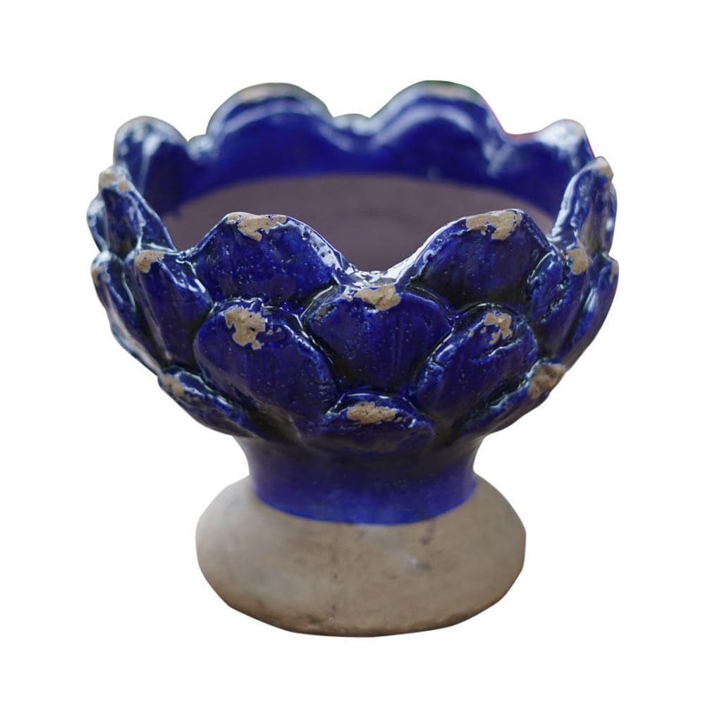 asdchZen 9.8Inch Retro Distressed Stoneware Relief Glazed Flowerpot Ceramic Planter Pot Indoor Cacuts Succulent Decor Modern Sculpture Flower Gifts Table Centerpiece Arts Crafts,Sapphire Blue