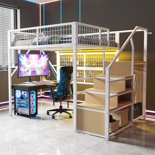 Cama alta 140 x 200 cm, color blanco, cama de hierro con armario, cama de matrimonio estable, litera para adultos, cama doble moderna, estructura con espacio de almacenamiento (sin colchón)