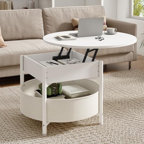 KIMENICH Table Basse Ronde, Table Basse Relevable, Tables de Salon avec Compartiment Caché et Panier en Tissu, Tables Basses avec Plateau Relevable, pour...