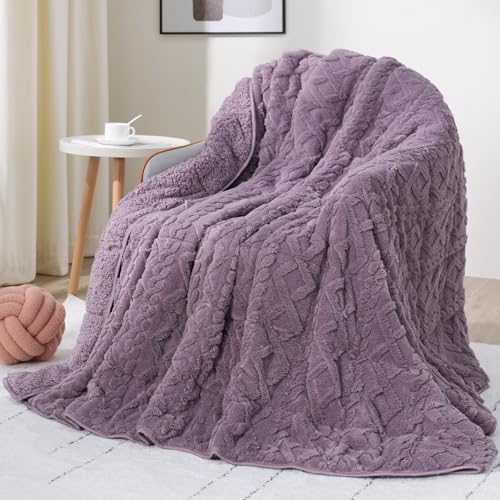 Image of Drewin 15 lbs Weighted Blanket Queen Size, 60 x 80 inches, Dual Sided Soft Fuzzy Jacquard Sherpa Weighted Blankets for Adults, Comfortable Sofa Bed Blanket for Sleeping, Purple