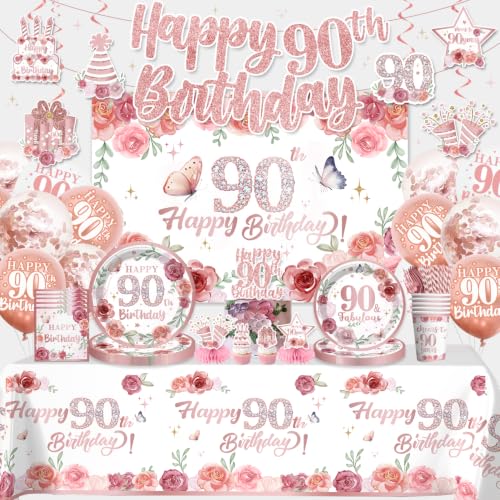 Rose Gold 90th Birthday Decorations for Women 205Pcs Ninety Birthday Decor Serves 25 All-in-One Kit with 90th Birthday Plates and Napkins Banner Backdrop Tablecloth Balloons Cupcake Toppers