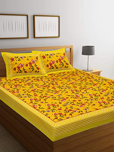 Image of RajasthaniKart Pure 100% Cotton Double Bed Sheet with 2 Pillow Covers (Bedsheet for Double Bed Cotton, Yellow Jaipuri, King Size,5242)