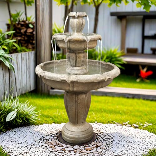 Image of SunJet 48 inch High Modern Concrete Outdoor Water Fountain - 3 Tiered Large Floor Water Fountain and Waterfalls with Electric Pump for Garden, Patio, Yard, and Deck Decor, Featuring Natural Stone Look