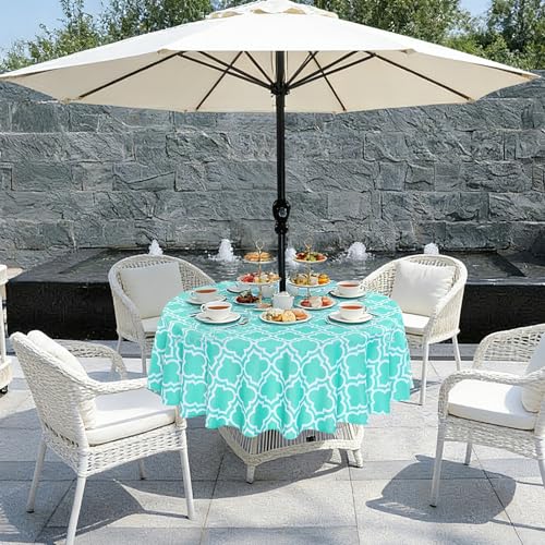 Image of Poise3EHome 60 inches Outdoor /Indoor Waterproof Spillproof Round Tablecloth with Umbrella Hole for Camping, Picnic, Christmas Tree Skirt, BBQ, Aqua Blue