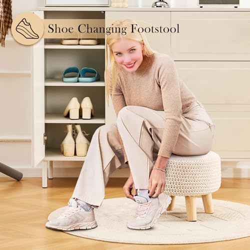 LGENHOOM Boho Ottoman Foot Stool Cotton Knitted Round Pouf Ottoman Foot Rest Stool with Non-Skid Wooden Legs Step Stool Padded Seat for Living Room White
