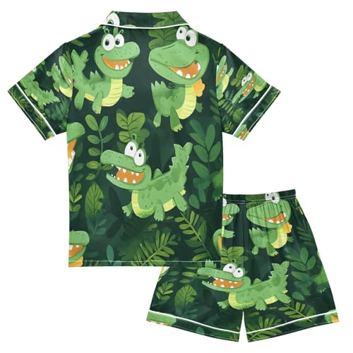 Satin Pajama Sets Short Sleeve Cute Green Crocodile Pattern Button Down Silky Nightwear 2 Piece PJS 5-14Y2