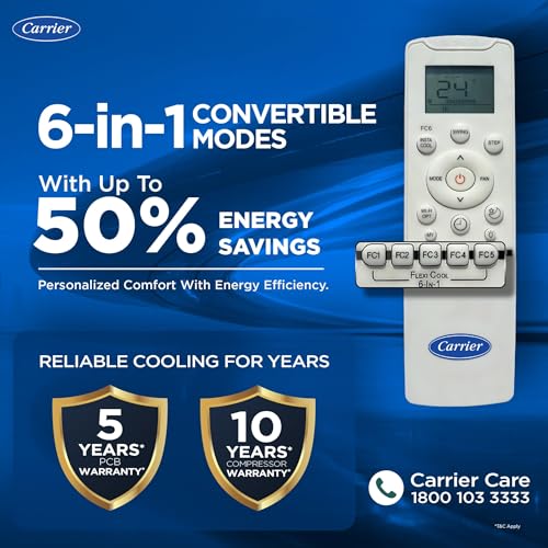 Image of Carrier 1 Ton 5 Star, New Star rated, Wi-Fi Smart Flexicool Inverter Split AC (Copper, Convertible 6-in-1 with Wi-Fi with Geo-Fencing,Smart Energy Display, ESTER EDGE Gxi WiFi-CAI12EE5R36W0, White)
