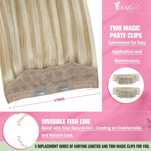 Image of YoungSee Wire Human Hair Extensions Balayage Wire Hair Extensions Real Human Hair Ombre Medium Brown to Caramel Blonde with Brown Fish Line Remy Hair Extension 14 Inch 70g