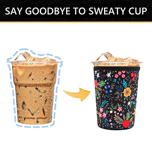 Image of YR Reusable Neoprene Insulator Sleeve for Iced Coffee Cups, 3 Pack Coffee Coolies sleeves for Iced & Hot Drinks, Cold Beverage Cooler Compatible with Starbucks Coffee and More (Little Flower)