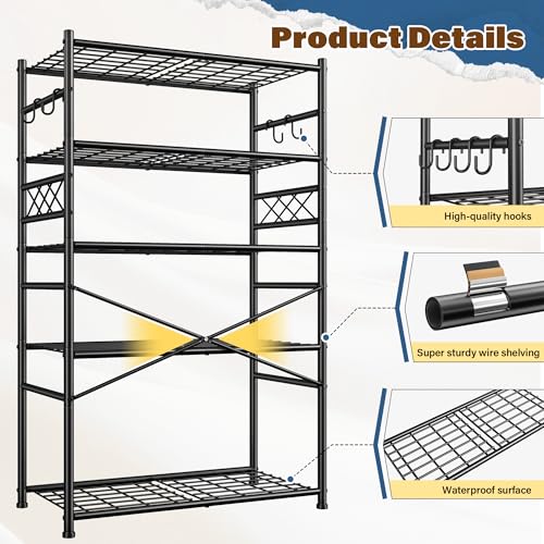 Image of Storage Shelves 5-Tier Large Capacity Wire Shelving with Hooks, Heavy Duty Garage Shelving Unit with Leveling Feet, Stable Metal Shelf for Pantry, Kitchen and Closet, 72 inch H x 36 inch W x 12 inch D, Black