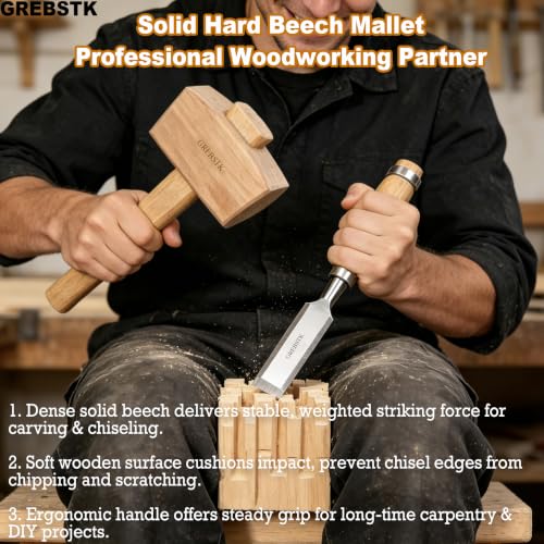 Image of GREBSTK Polished Solid Beech Wood Mallet for Home Bartending & Workshop | Polished oiled finish, stain & moisture resistant, wipes clean with ease, smooth comfortable grip, durable protective coat