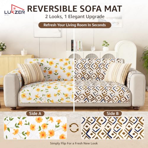 Image of Lukzer 2 Seater Sofa Cover Quilted Reversible WaveEdge Ultrasonic Cut Sofa Mat with Back and Hand Rest Covers - Terra Bloom - Washable Sofa Protector for Modern Living Room 120 x 150 CM /SC-205-02WB