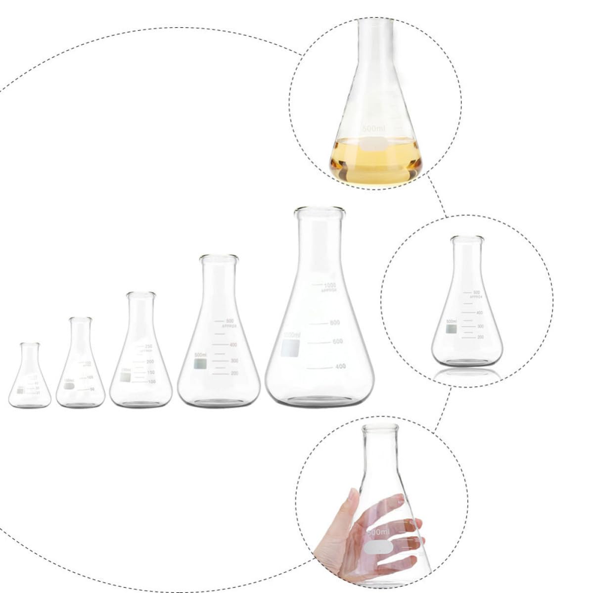 Beuta Conica Erlenmeyer 5 Pezzi in Vetro, Fondo Piatto | 5 Capacità Disponibili 50ml, 150ml, 250ml, 500ml, 1000ml, Collo Largo e Graduazioni Standard