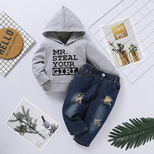 Toddler Baby Boy Clothes, Long Sleeve Letter Hoodies Top+Ripped Denim Pants 2pcs Fall Winter Outfit Sets Grey