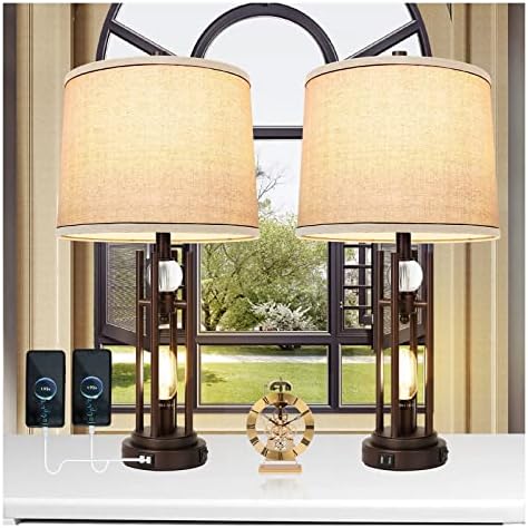 Set of 2 Table Lamps with USB Ports, 27.5" Tall Farmhouse Table Lamp with 2 LED Nightlight Blubs, Bedside Lamp Oil Rubbed Bronze Off White Round Burlap Shade for Living Room Bedroom Home Office