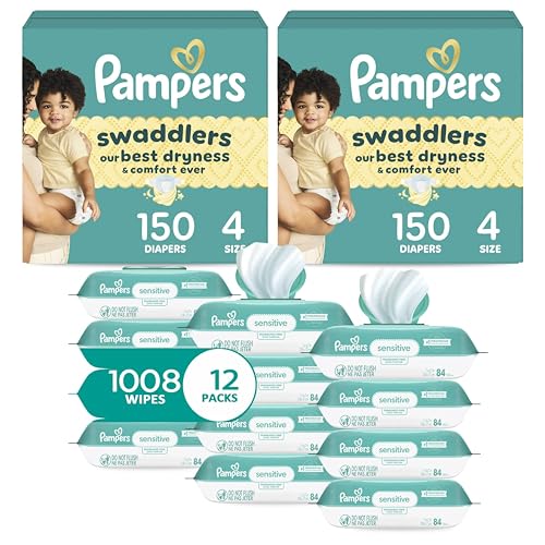 Image of Pampers Swaddlers Disposable Baby Diapers Size 4, 2 Month Supply (2 x 150 Count) with Sensitive Water Based Baby Wipes 12X Multi Pack Pop-Top and Refill (1008 Count)