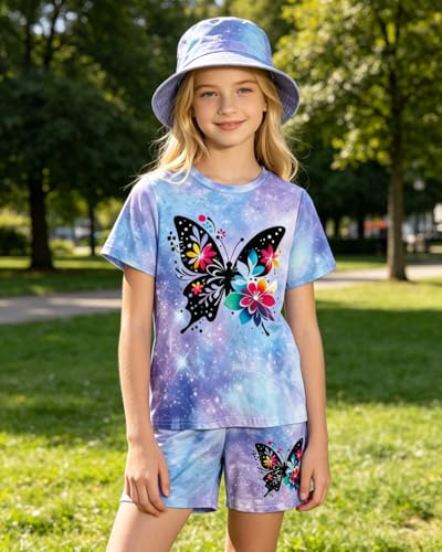 Image of 7-14Y Tween Girl Clothes 2 Piece Short Sleeve Tie Dye Heart Print Top and Shorts Teen Girl Summer Outfits Short Set
