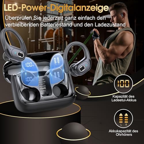 STECEi Kopfhörer Sport, 2025 in Ear Kopfhörer Kabellos Bluetooth 5.4 mit HD Mic, 75Std HiFi Stereo Bluetooth Kopfhörer mit Ohrhaken, Comfort Fit, IP7 wasserdichte Ohrhörer für Sport Arbeit Studium
