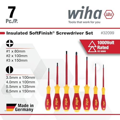 Image of Wiha 32099 7-Piece Insulated SoftFinish Screwdriver Set, 1000V VDE Certified Electrician Screwdrivers