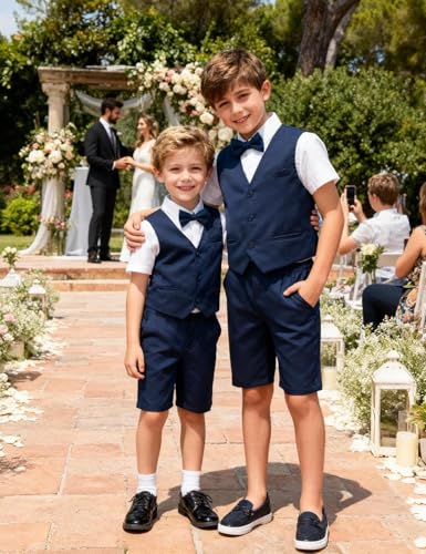 Image of A&J DESIGN Boys Short Suit Set 3 Pieces Kids Formal Gentleman Outfit, 4-11 Years, Shirt + Vest + Shorts + Bow Tie