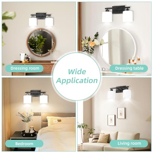 Image of SILAMPDI 2-Light Bathroom Lighting Fixtures, Black Modern Vanity Lights Wall Lamp with Milky White Glass Shades for Mirror Kitchen Living Room Hallway Cabinet Porch, Bulbs Not Included