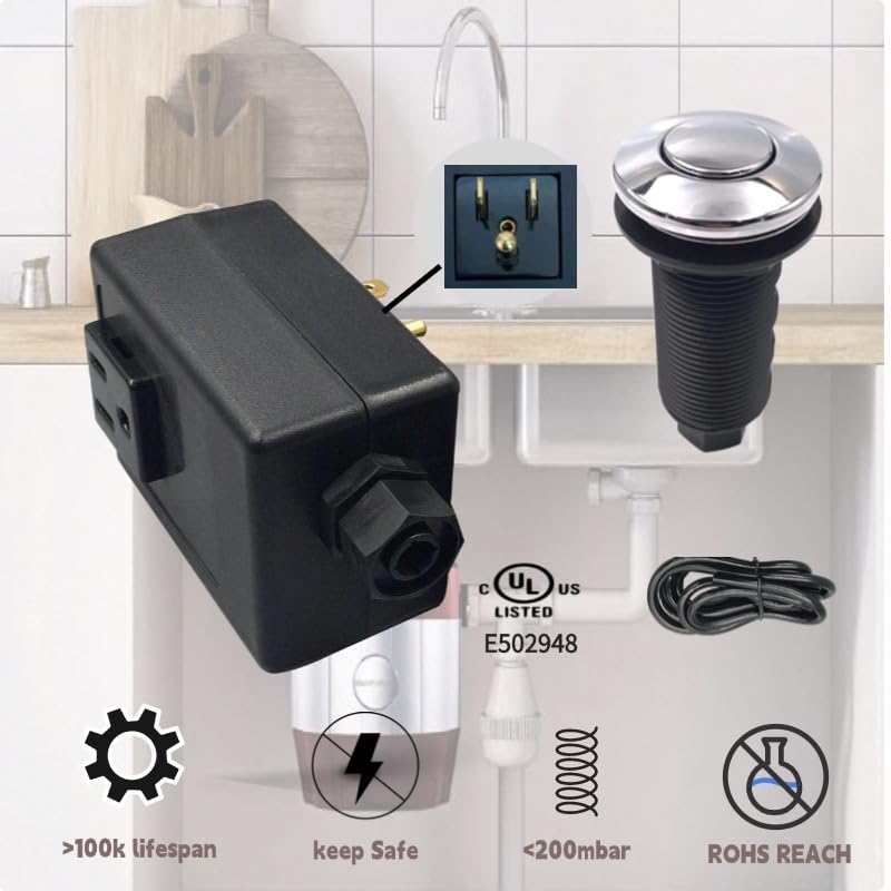 Air Switch Kit with Single Outlet, Polished Chrome 3.6 Inch Long Button with Brass Cover, 1.8m Air Tube Length, UL Certified, Compatible with All Garbage Disposals (Chrome Plated)