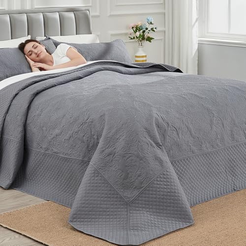 Image of ENJOHOS Oversized King Bedspreads 128x120, California King Quilt Sets, Extra Wide Large King Size Quilts for Bed, Lightweight Reversible Microfiber 3Pieces Cal King Dark Grey Quilt