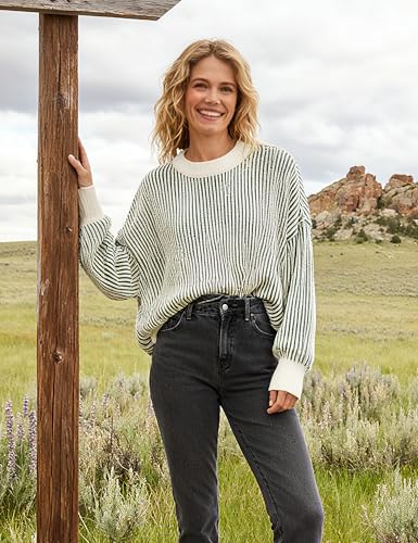 Image of Beyond Chenille Sweater for Women 2026 Winter Crew Neck Pullover Sweater Color Block Knit Tops