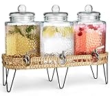 1.5 Gallon Glass Drink Dispenser for Parties 3 PACK Beverage Dispensers with Stand, Glass Water Jug Dispenser, with 18/8 Stainless Steel Spigot, Great for Party, Wedding, Picnic, BBQ Wicker Design