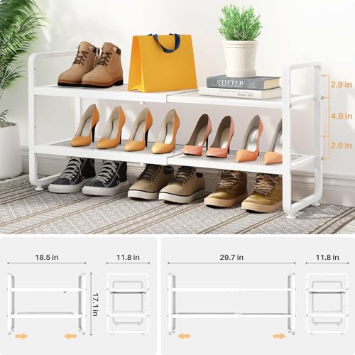 Image of SNTD Shoe Rack - Expandable Shoe Organizer for Closet, Adjustable Metal Shoe Shelf Storage, Stackable Long Shoe Stand Holder for Garage, Entryway, Door Entrance (White, 2-Tier)