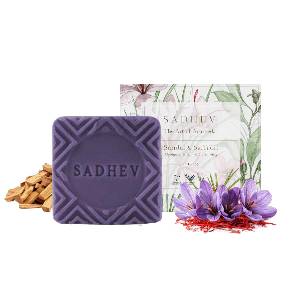 Sadhev Sandal & Saffron Ayurvedic Bathing Soap Bar For Depigmentation & Detanning, Paraben & Sulphate Free - 125g (Pack of 1)