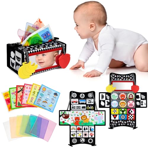 Image of Dr.Rapeti Tummy Time Mirror, Tissue Box Toy, 3in1 Black and White High Contrast, Double-Sided Foldable Sensory Montessori Toy, Crinkle Silk Scarves Teethers 0-6 6-12 Month Newborn Infant Baby