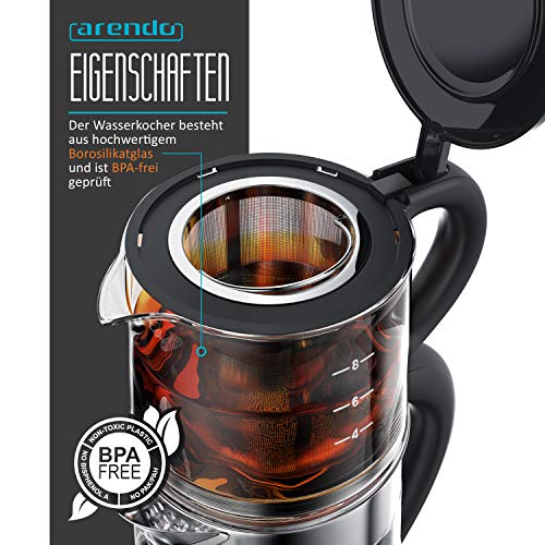 Arendo - Glas Wasserkocher mit Temperatureinstellung und Teesieb sowie Aufsatz - Türkischer Teekocher - Edelstahl - Temperaturen 70, 80, 100 Grad - 1,7 Liter - 2400 Watt - Abschaltautomatik – Bild 4