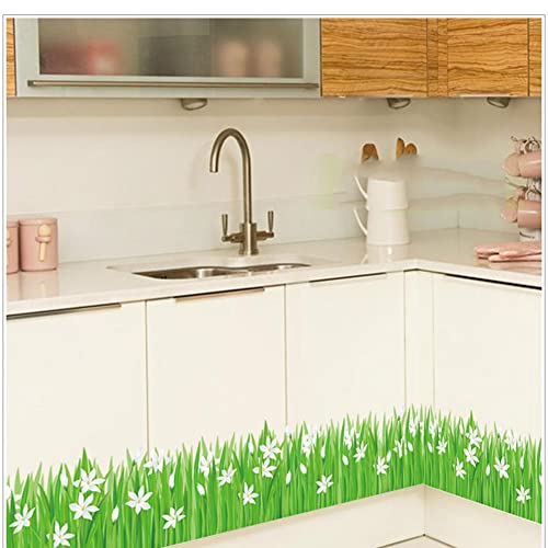Bibitime. Green Grass White Flower Wall Border Decal Vinyl Sticker Peel And Stick Home Art Pvc Murals For Living Room Kitchen Bathroom Window Door Nursery Bedroom Children Kids Room Decor #TOP29