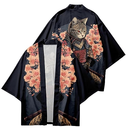 Image of DOSLAVIDA Men's Japanese Kimono Cardigan Suit Chinese Style Printed Jacket Pants Set Open Front Seven Sleeve Top & Shorts