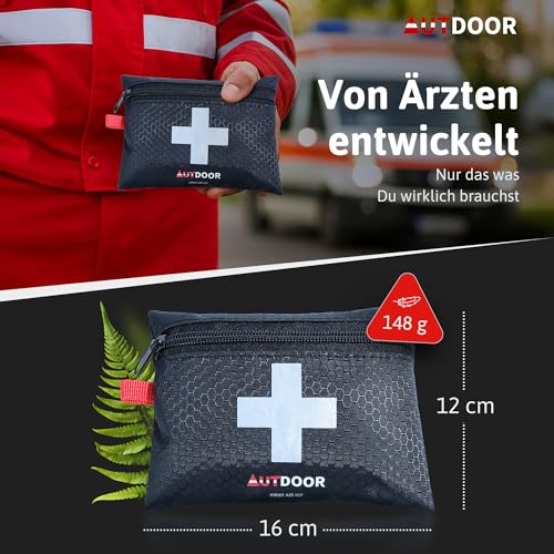 AUTDOOR® Erste Hilfe Set Light – ultraleicht & kompakt – entwickelt von Ärzten – Robuste Reiseapotheke für Wandern, Klettern & Wassersport – Notfalltasche mit Essentials