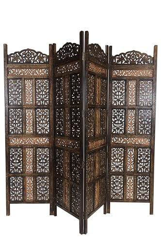Orientalischer Paravent Raumteiler aus Holz Krishna 200 x 180cm hoch in Braun | Indischer Trennwand als Raumtrenner oder Dekoration im Zimmer oder...