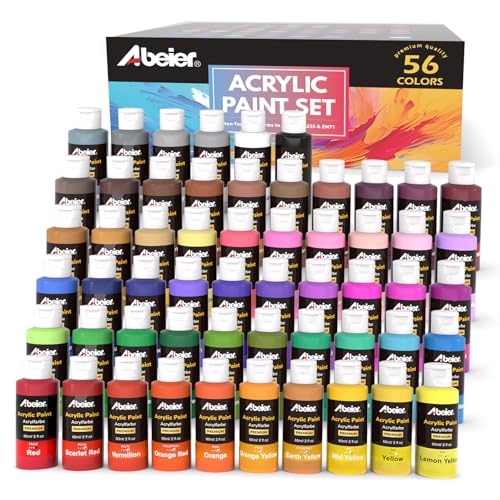 ABEIER Acrylfarben Set, 56 Acryl Farben in Flaschen (je 60ml), Hochwertige, Ungiftig, Wasserfest, Art Acrylfarben für Anfänger, Erwachsene, Kinder auf Leinwand, Felsen, Holz, Keramik, Stoff