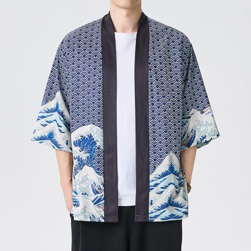 Image of Men's Japanese Kimono Robe Jacket Lightweight 3 /4 Sleeve Open Front Yukata | Silky Smooth Fashion Print Happi Coat Lightweight Breathable Loose Unisex Haori Casual Summer Cardigan Daily Beach Vacation