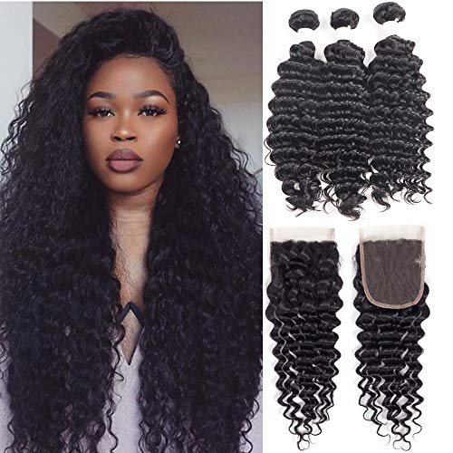 Youth Hair 9A Malaysian Deep Wave 3 Bundles with Closure 100% Unprocessed Virgin Hair Deep Wave with Closure Natural Color(12"14"16"+10"Closure)